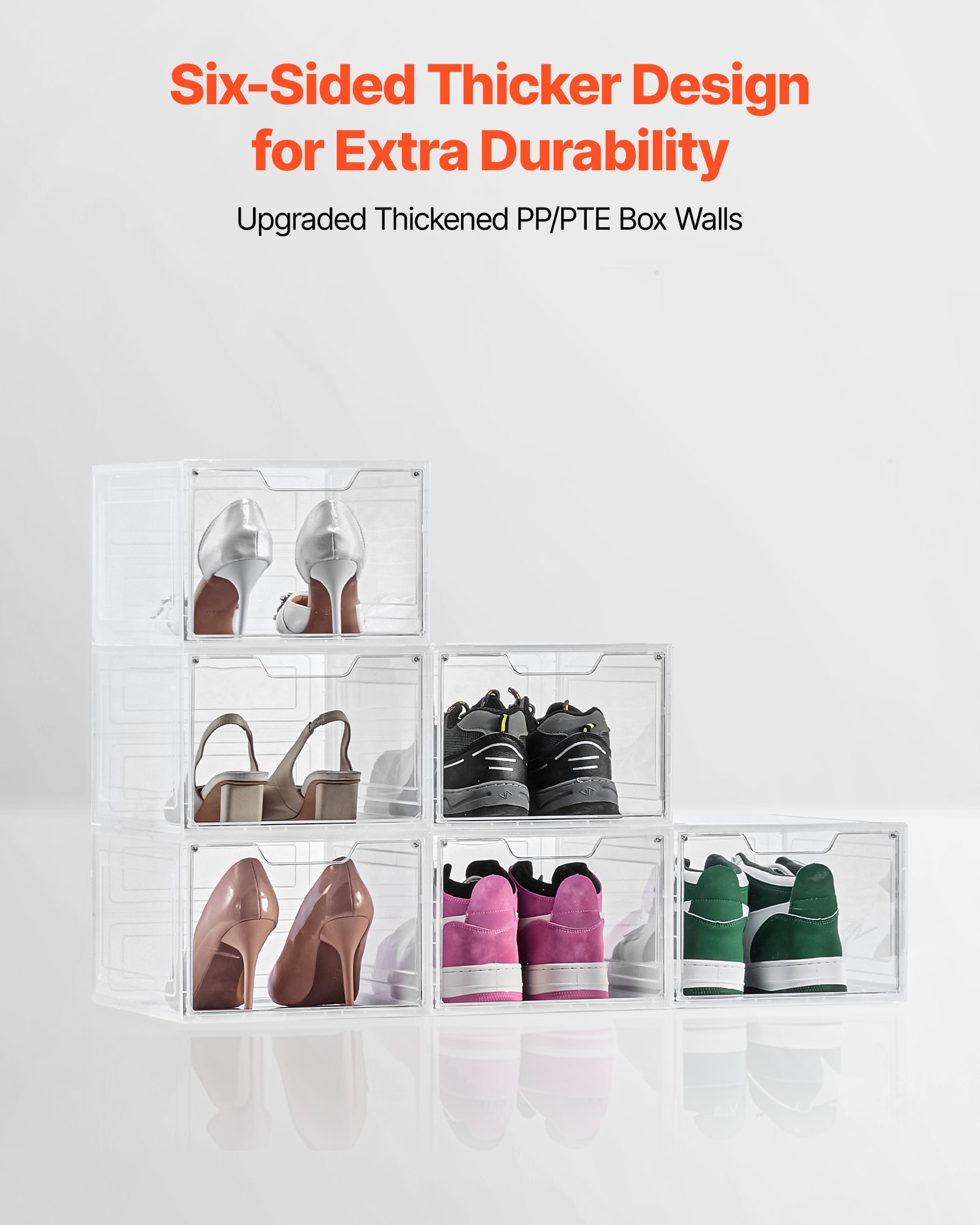 VEVOR Plastic Stackable Shoe Boxes – 6 Pack, Fits US Size 13