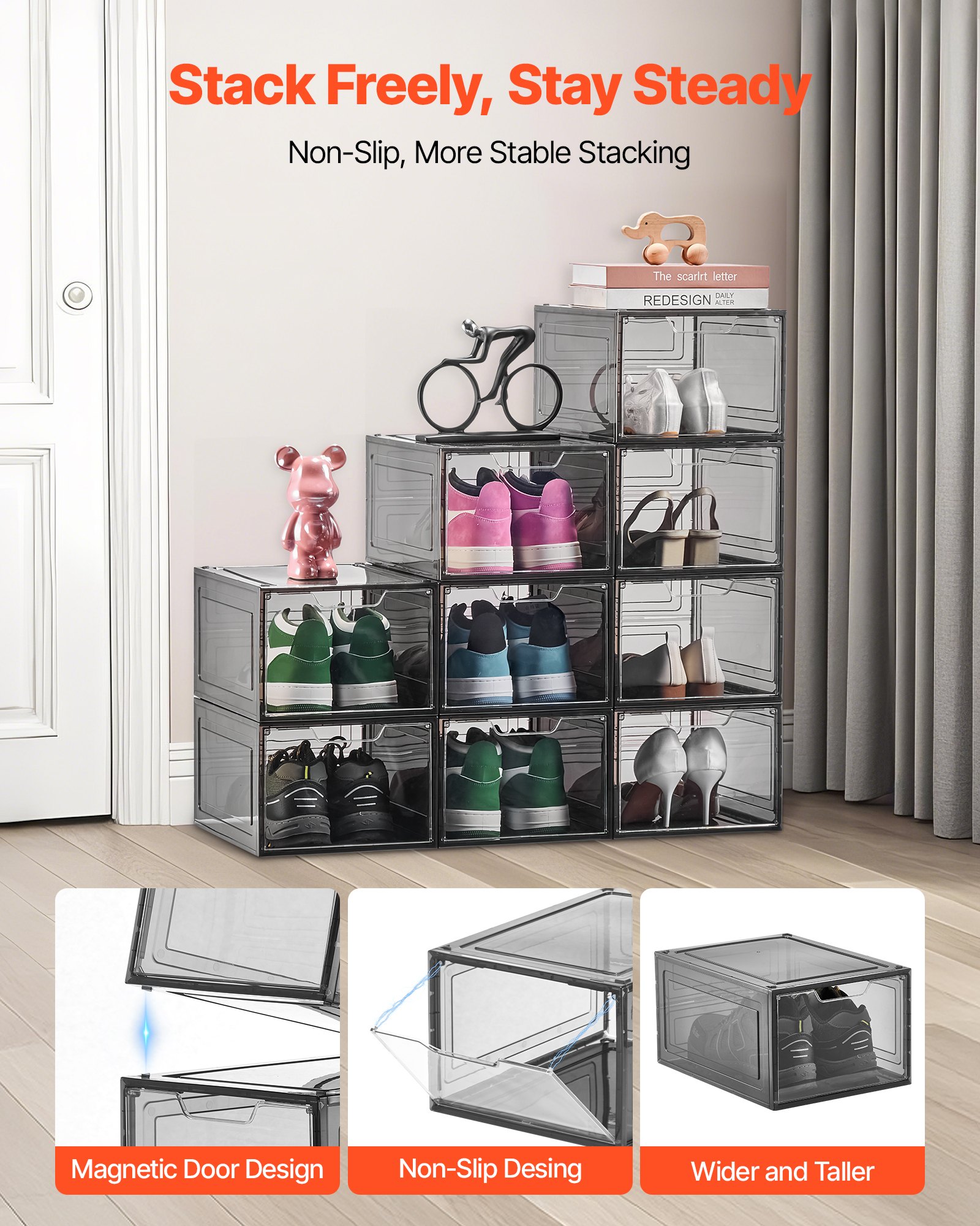 Heels Storage Box VEVOR Shoe Storage Boxes, 9 Pack Clear Stackable Shoe Boxes Storage ...