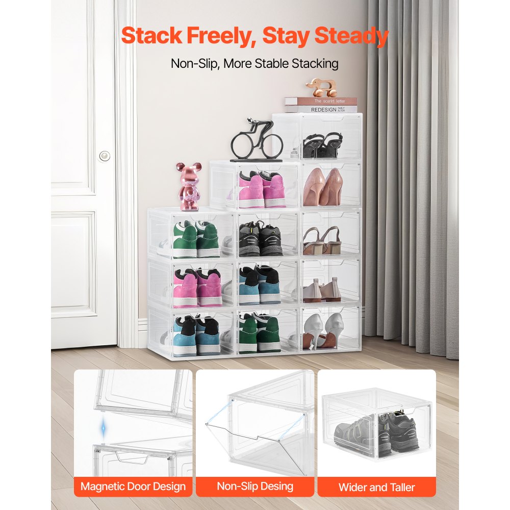 VEVOR Shoe Storage Boxes, 12 Pack Clear Stackable Shoe Boxes Storage ...