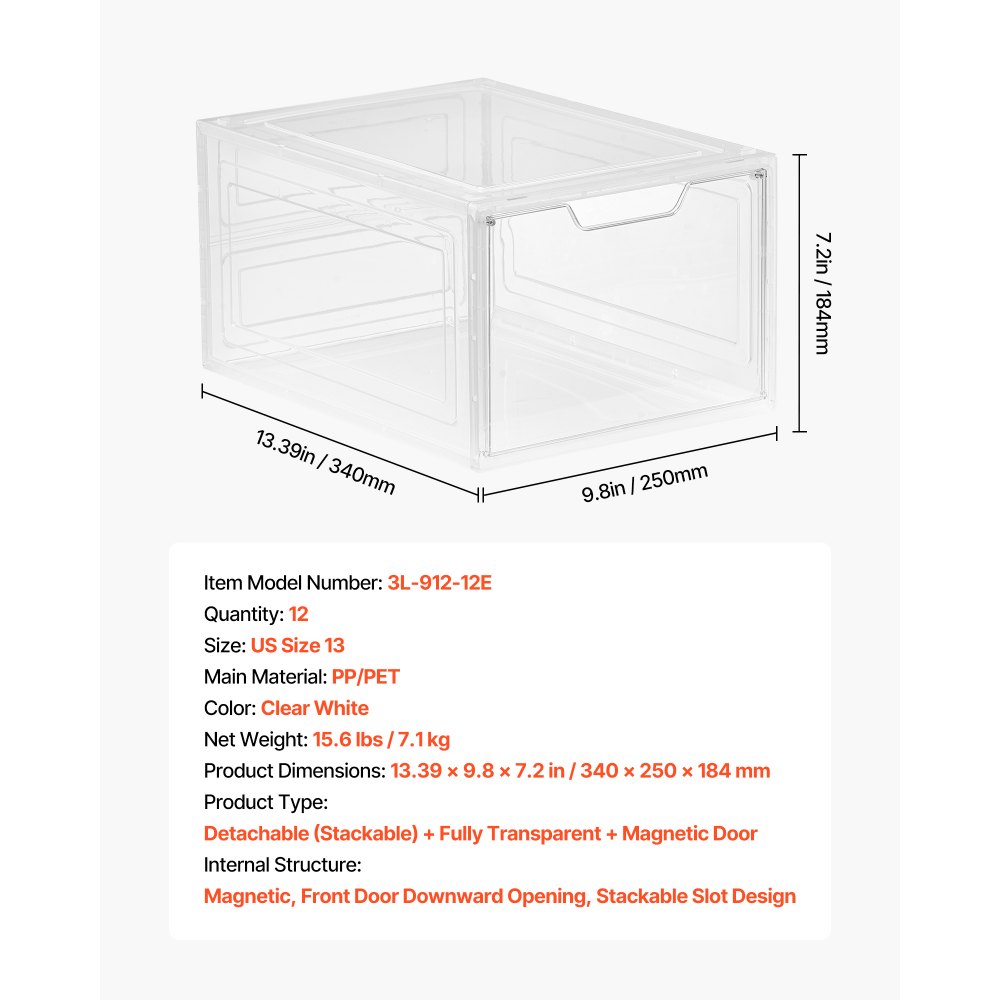 VEVOR Shoe Storage Boxes, 12 Pack Clear Stackable Shoe Boxes Storage ...