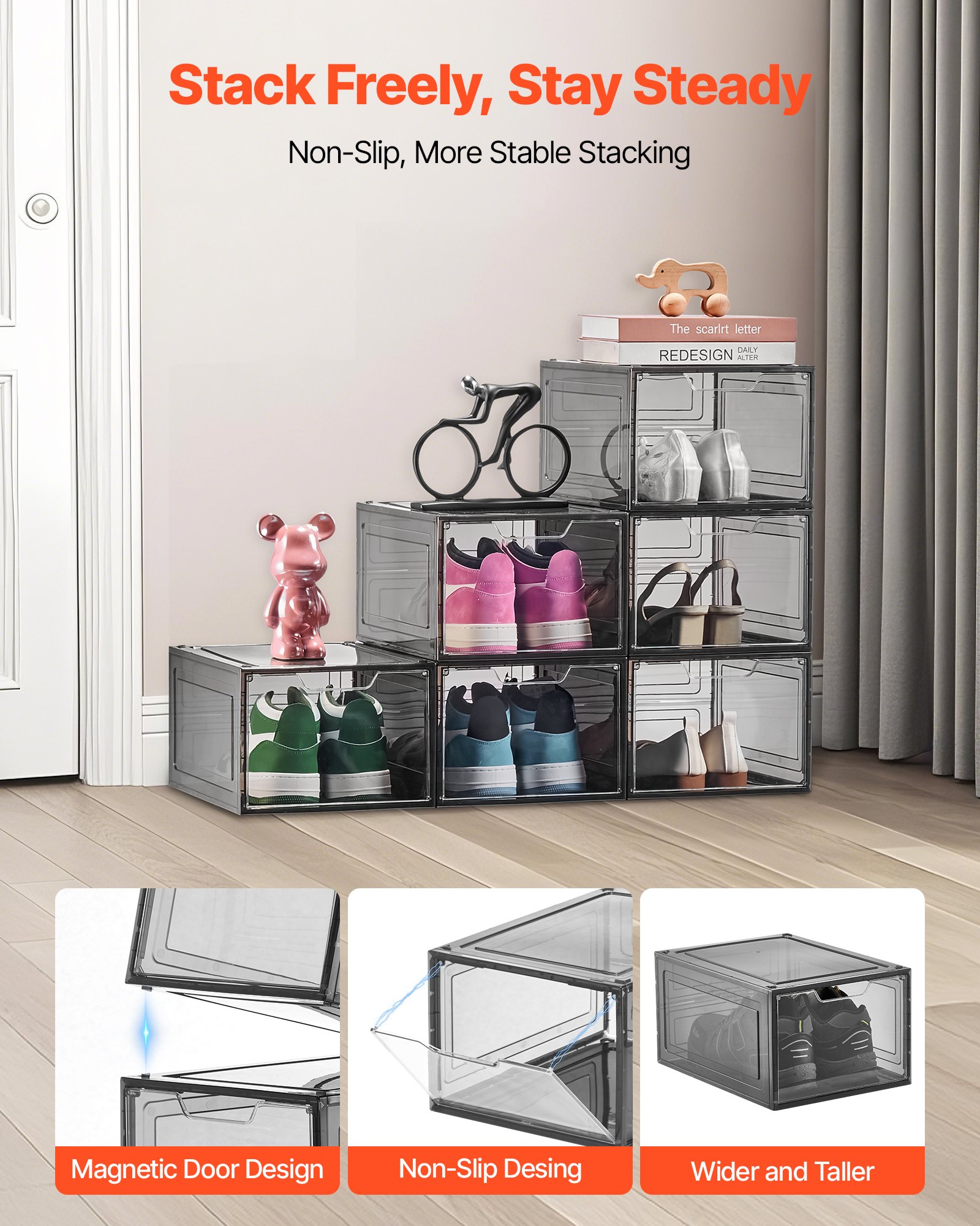 VEVOR Shoe Storage Boxes, 6 Pack Clear Stackable Shoe Boxes Storage ...