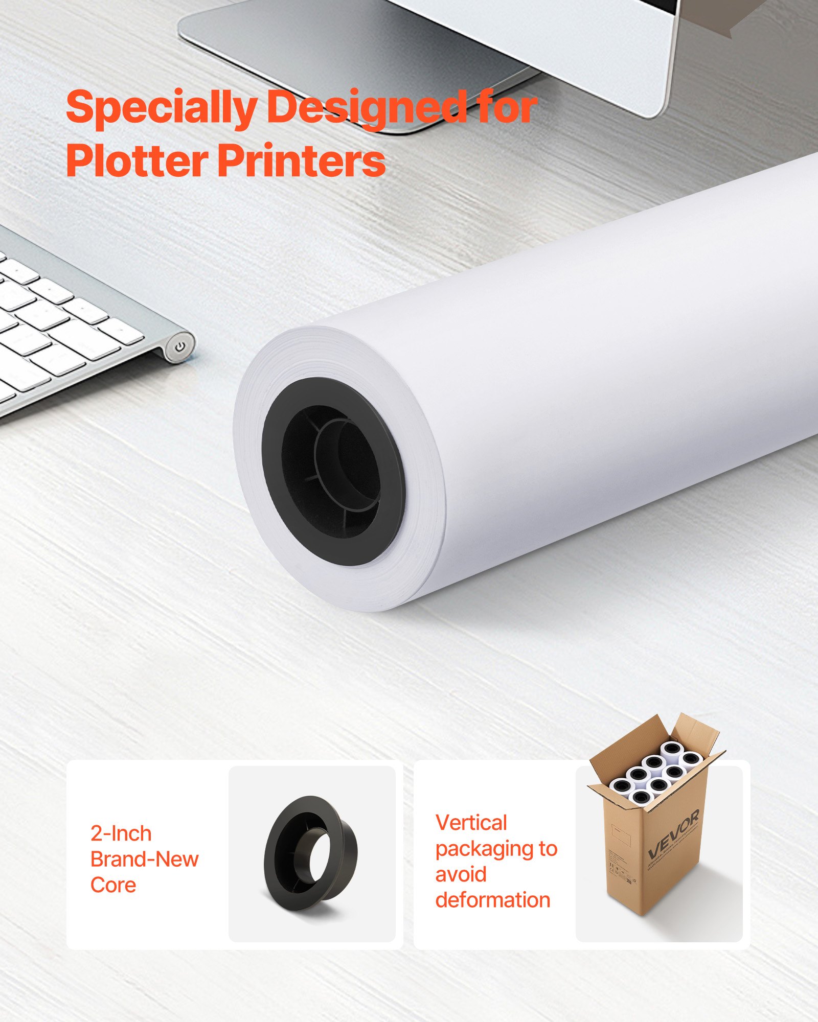 VEVOR Wide Format Paper, 24 in x 150 ft Plotter Roll, 8 Rolls CAD Bond ...