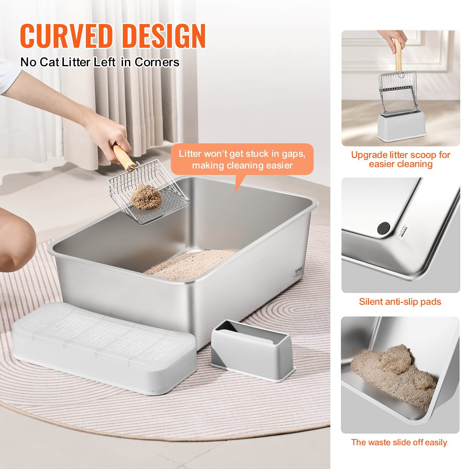 VEVOR Cat Litter Box, 8 inches Deep, XL Extra Large Stainless Steel Cat ...