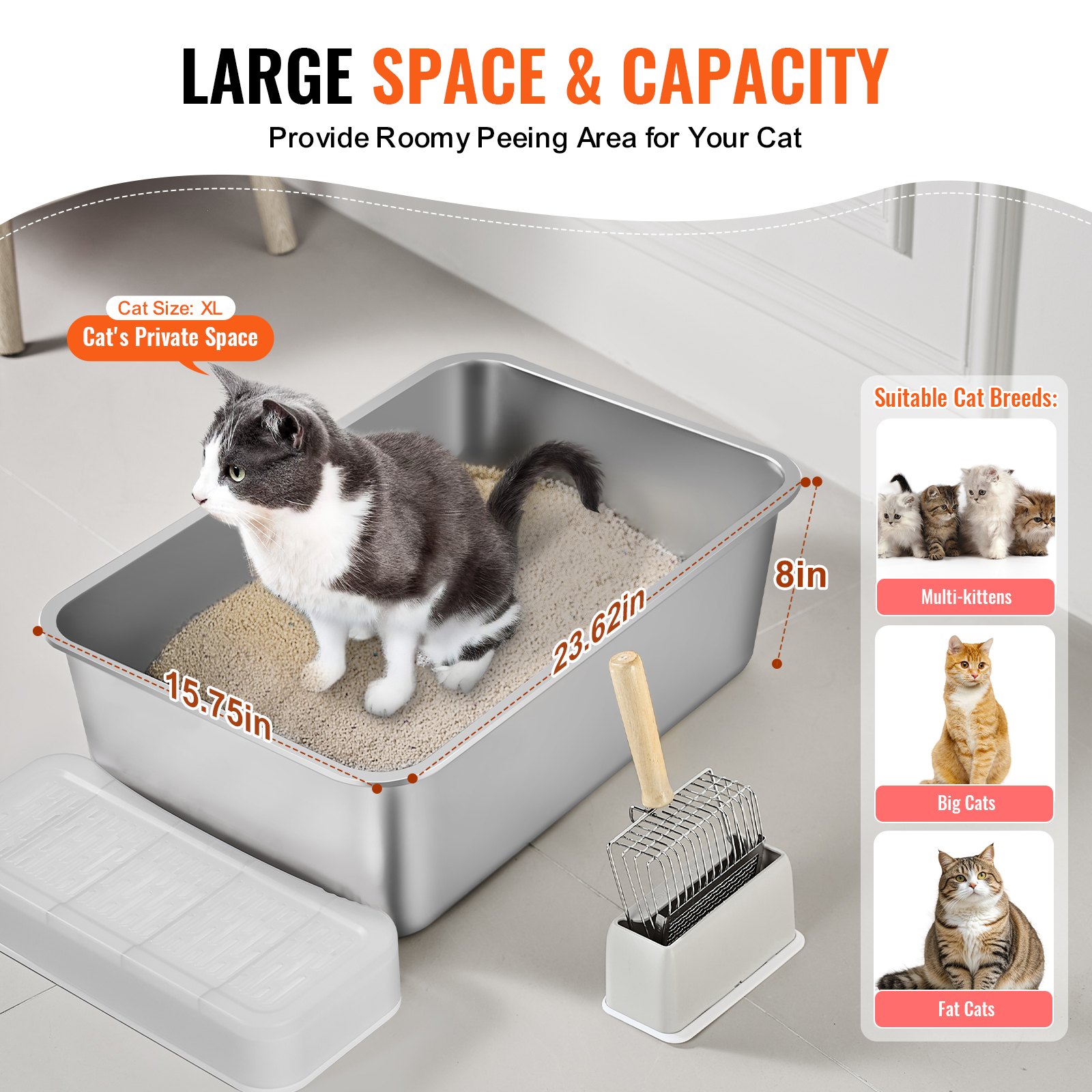 VEVOR Extra Large Stainless Steel Cat Litter Box – XL 8-Inch
