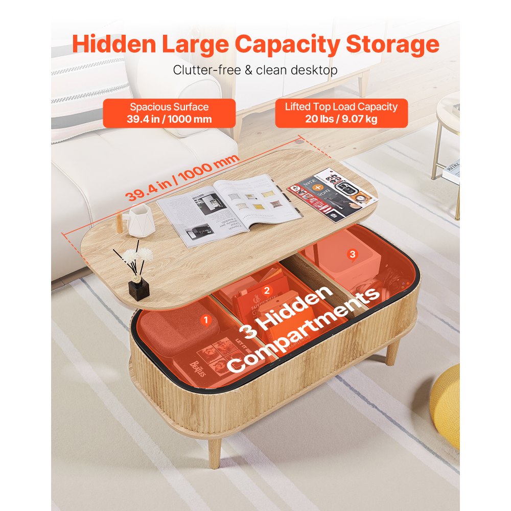 Konferenční stolek VEVOR 1000 mm s výklopnou deskou, oválný konferenční stolek s vroubkovaným povrchem a 3 skrytými přihrádkami, oválný středový stůl z poloviny století s úložným prostorem, výklopná deska pro domácnost a kancelář, snadná montáž, burlywood - miniatura 5