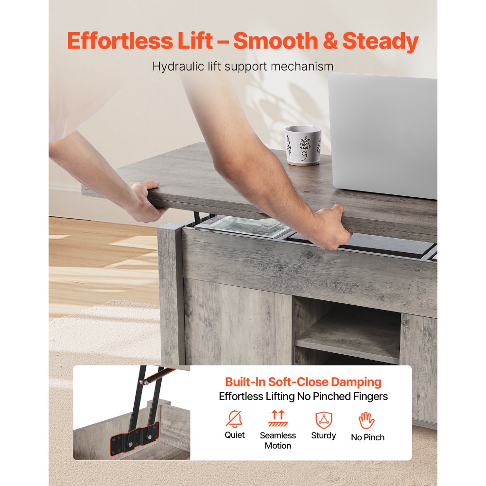 Konferenční stolek VEVOR 1000 mm s výsuvnou deskou ve venkovském stylu, rustikální stůl uprostřed s dvířky do stodoly a skrytým úložným prostorem, moderní obdélníková zvedací deska do obývacího pokoje, kanceláře, domu, snadná montáž, dub - miniatura 4