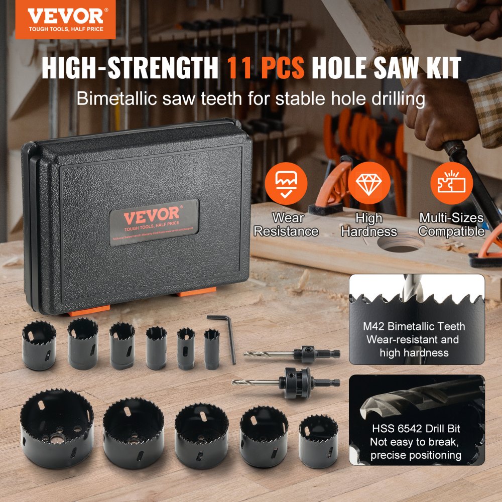 VEVOR Hole Saw Kit, 11 PCS Saw Blades, 2 Drill Bits, 1 Hex Wrench