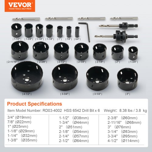 VEVOR Hole Saw Kit 18 PCS Saw Blades 6 Drill Bits 1 Hex Wrench Bi Metal M42 Hole Saw Set with Carrying Case General Purpose Size from 3 4 to