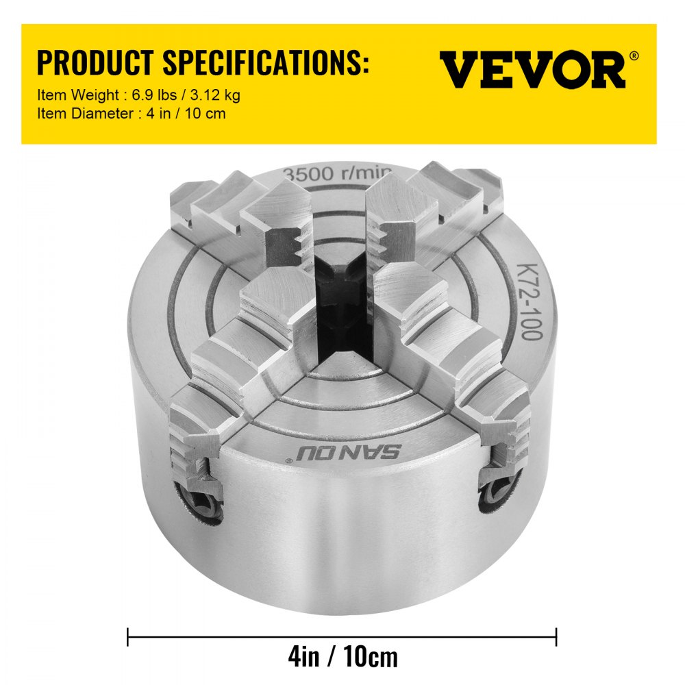 VEVOR K72100 Lathe Chuck 4 Inch 4Jaw,Lathe Chuck Independent