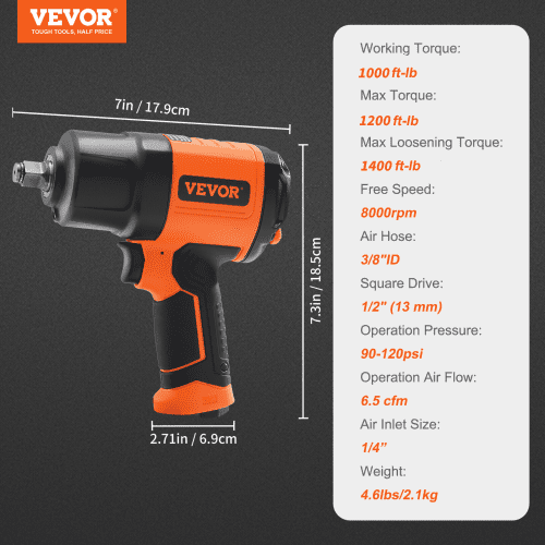 VEVOR VEVOR 1/2Inch Air Impact Wrench, High Torque Up to 1400 ftlbs