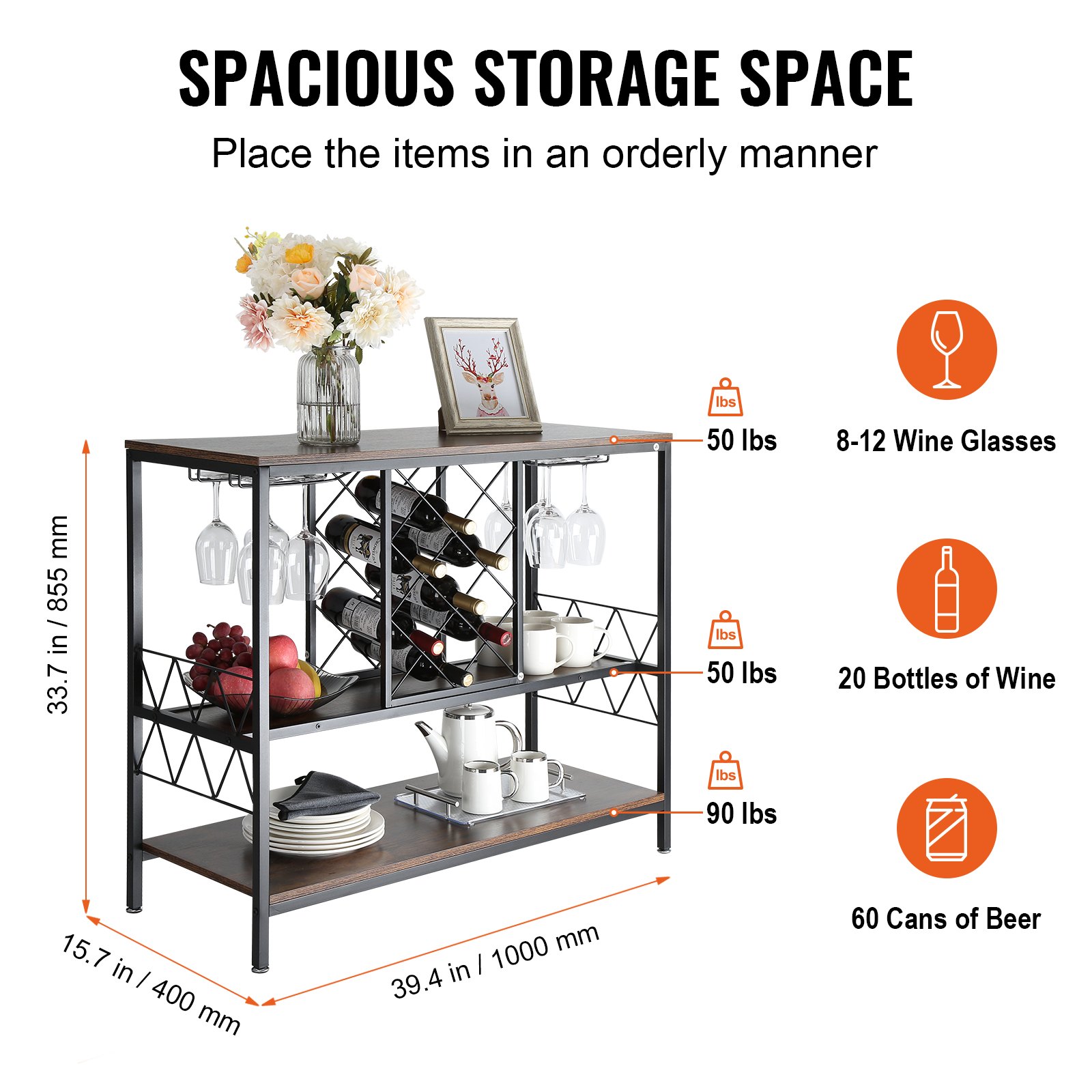 VEVOR Industrial Bar Cabinet Wine Bar Home Table with Wine Rack & Glass ...