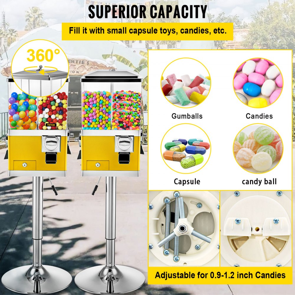 VEVOR Gumball Machine with Stand, Yellow Quarter Candy Dispenser ...