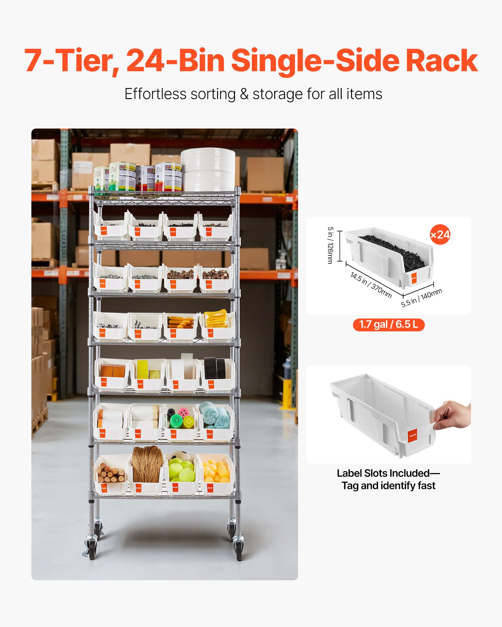 VEVOR 7-Tier Rolling Bin Storage Rack, 24 Small Bins, Bin Rack Storage ...