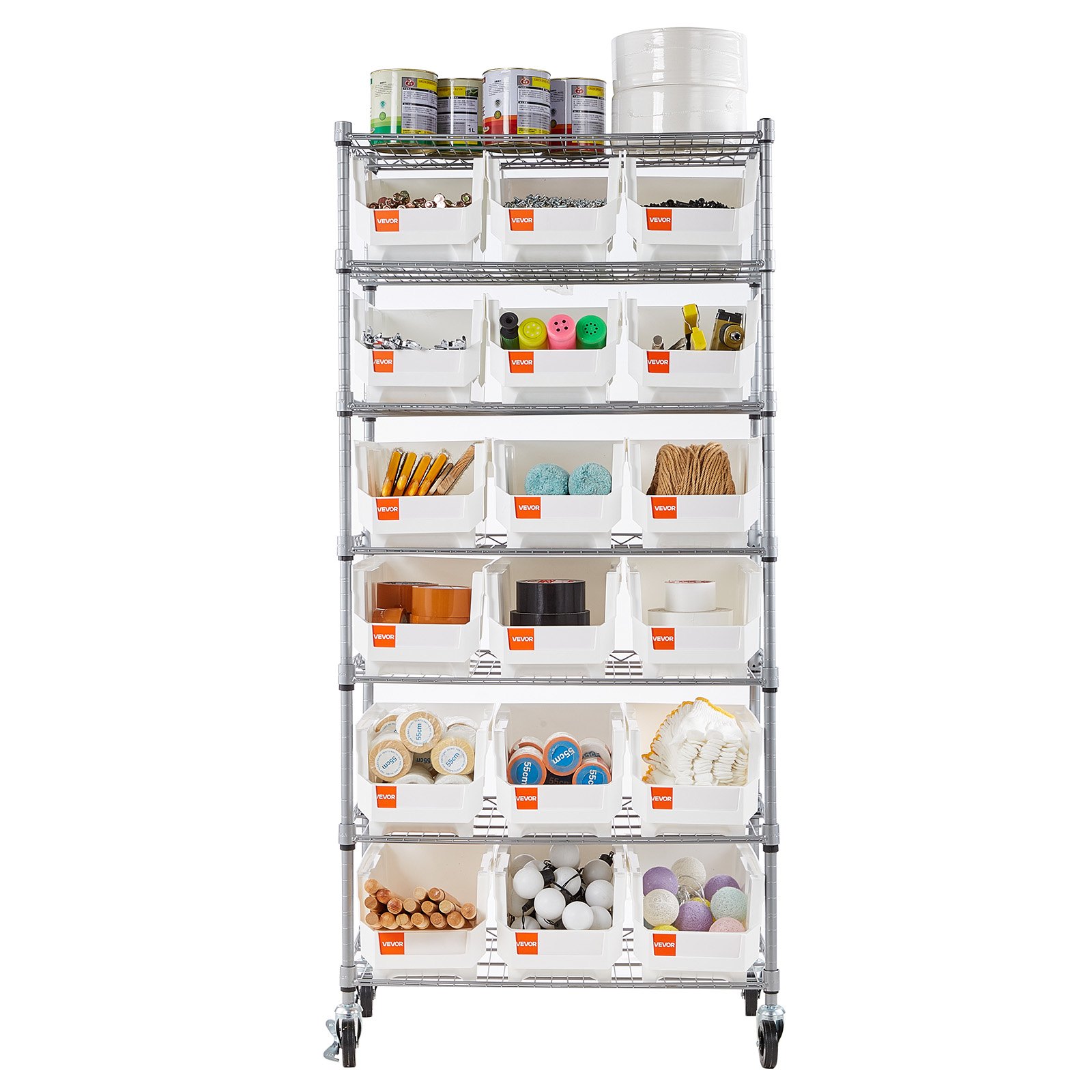 VEVOR 7-Tier Rolling Bin Storage Rack, 18 Organizer Bins, Bin Rack ...