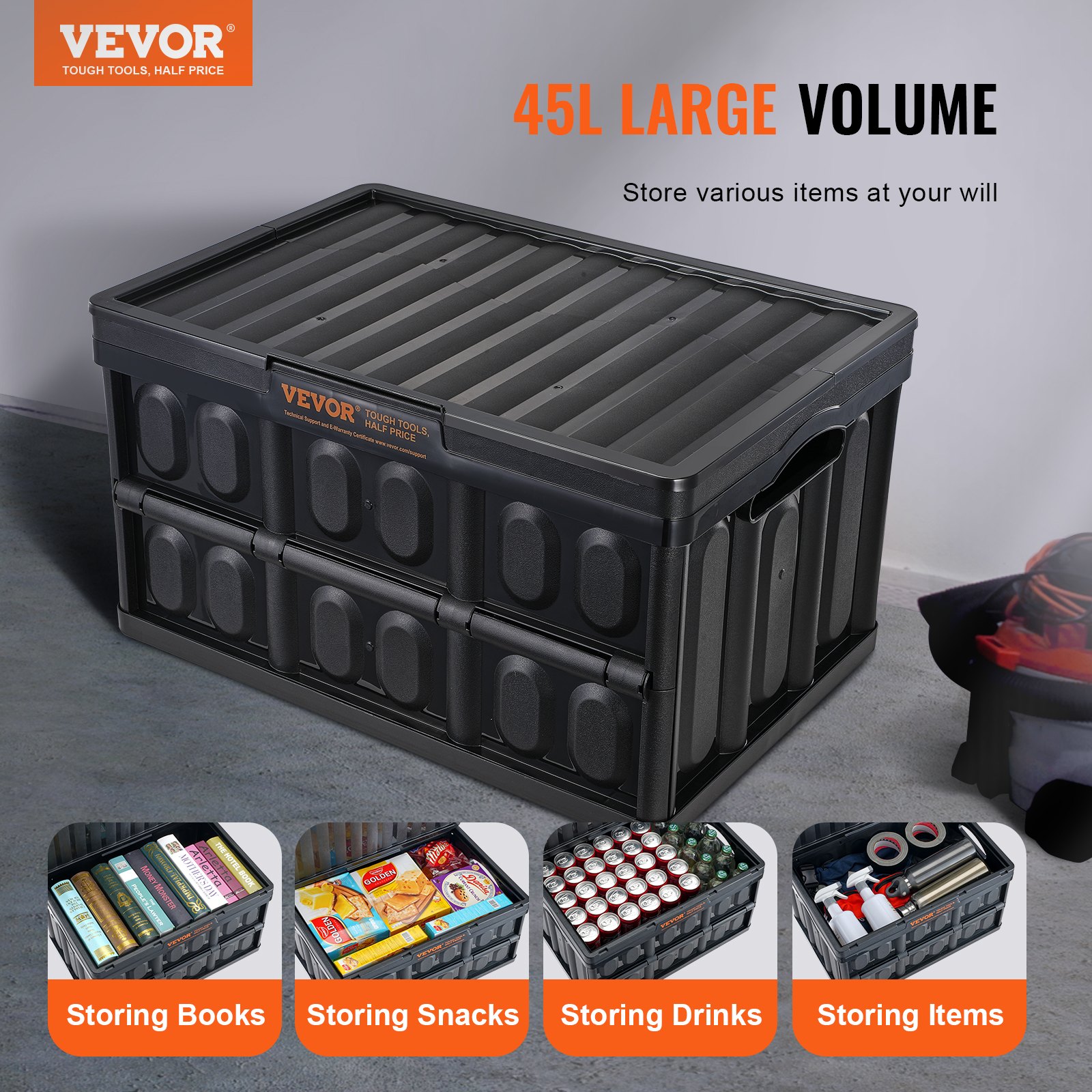 Vevor Collapsible Storage Bins With Lids 45l 3 Packs Folding Plastic