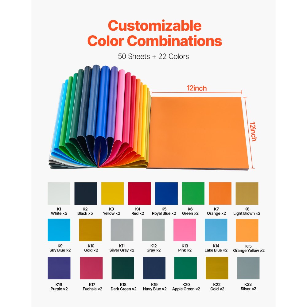 VEVOR Heat Transfer Vinyl, 50 Pack, 12 x 12 in, Assorted Colors HTV ...