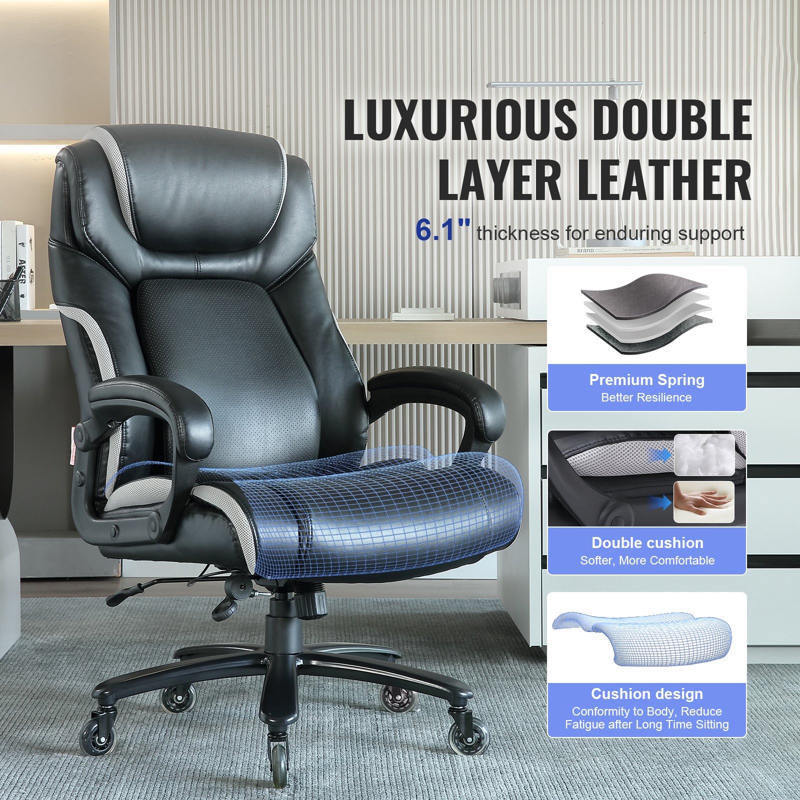 650LBS Big And Tall Office Chair With Footrest,Large Heavy Duty Executive Office Chair-Wide Seat,Adjustable Lumbar Support,Dual Rubber