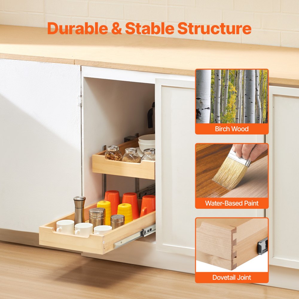 2 Tier Pull Out Cabinet Organizer Soft Close Slide Out Wood Drawer 14