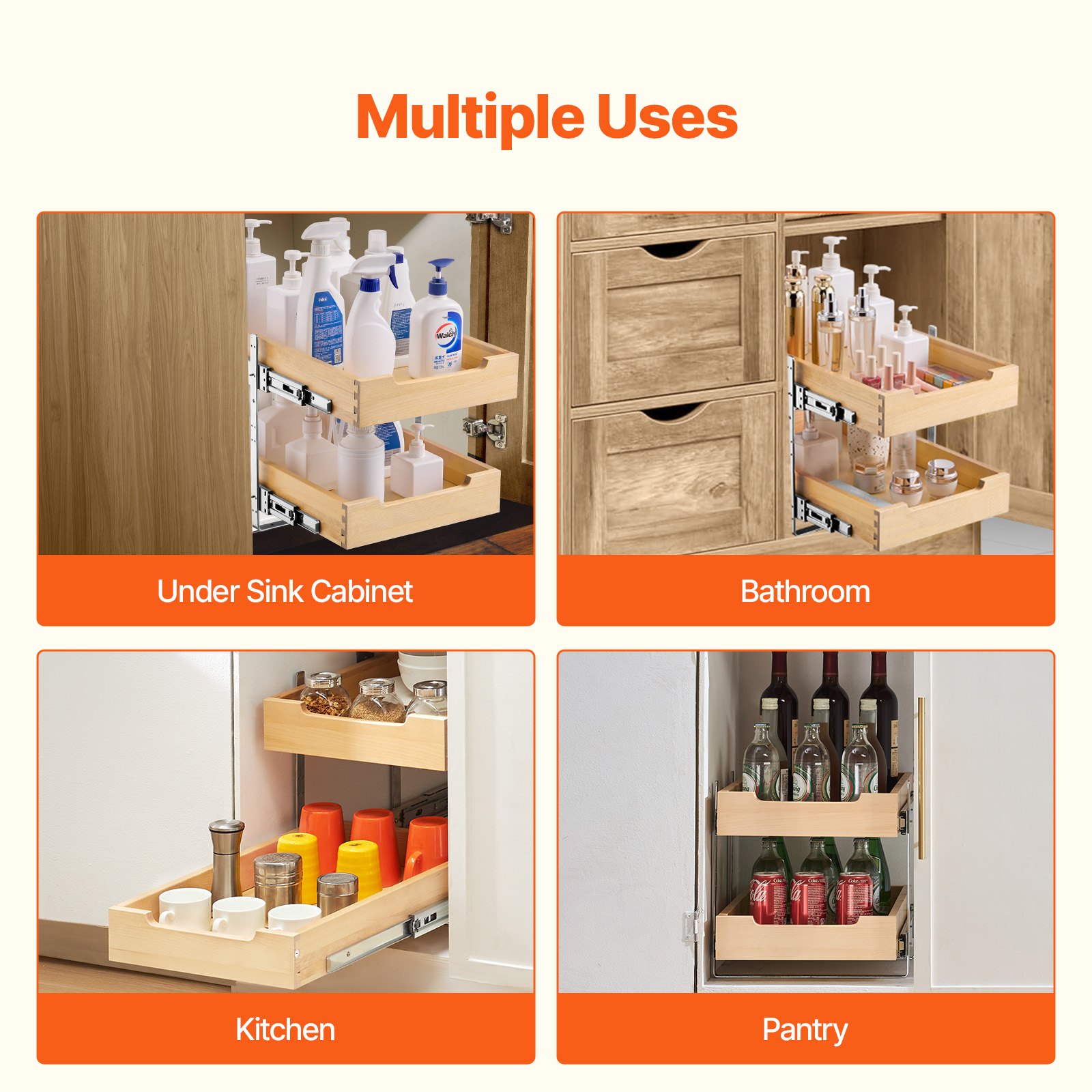 2 Tier Pull Out Cabinet Organizer Soft Close Slide Out Wood Drawer 14