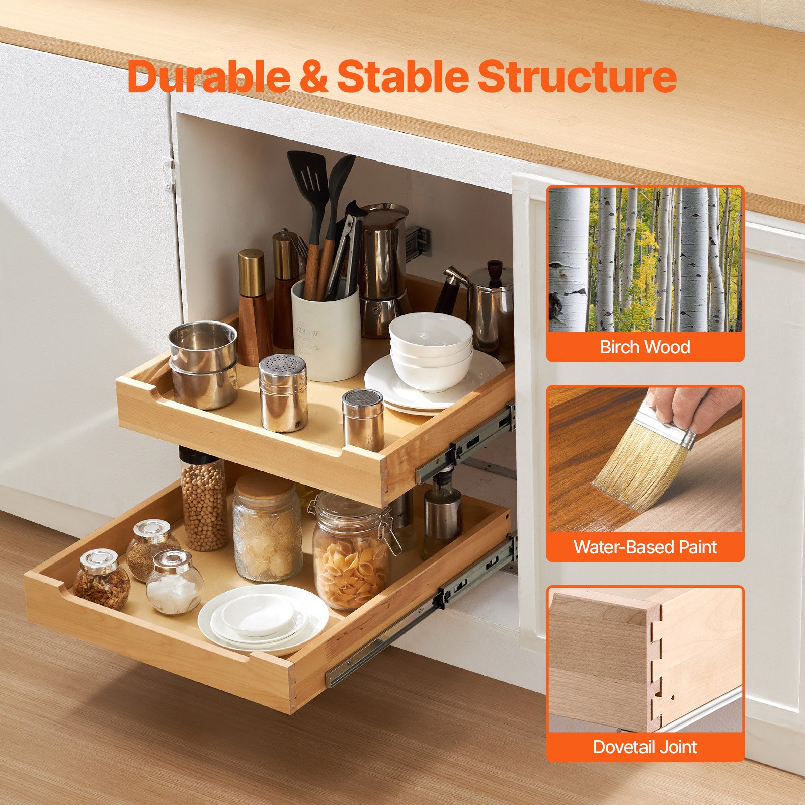 2 Tier Pull Out Cabinet Organizer Soft Close Slide Out Wood Drawer 17