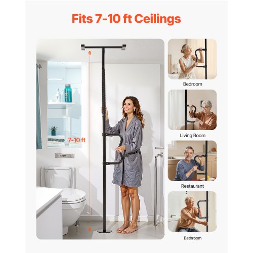 JJ CARE Transfer Pole - Floor To Ceiling Grab Bar With Adjtable Handle Height, 7 To 10 Ft Grab Bar Pole For Elderly, Stability Rail With 4 Reflective Stickers On Handle