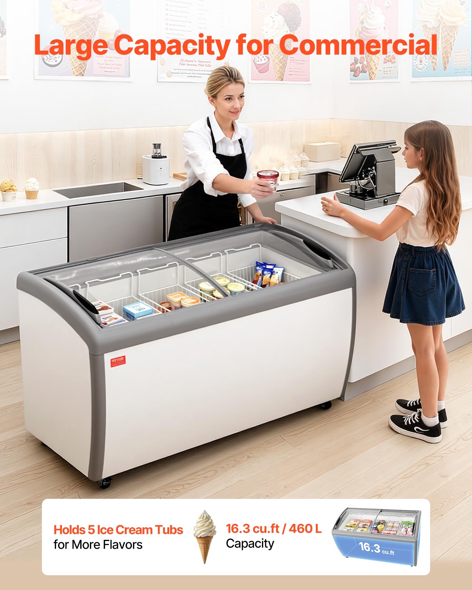 VEVOR Commercial Ice Cream Display Case, 16.3 Cu.ft Chest Freezer, -19 ...