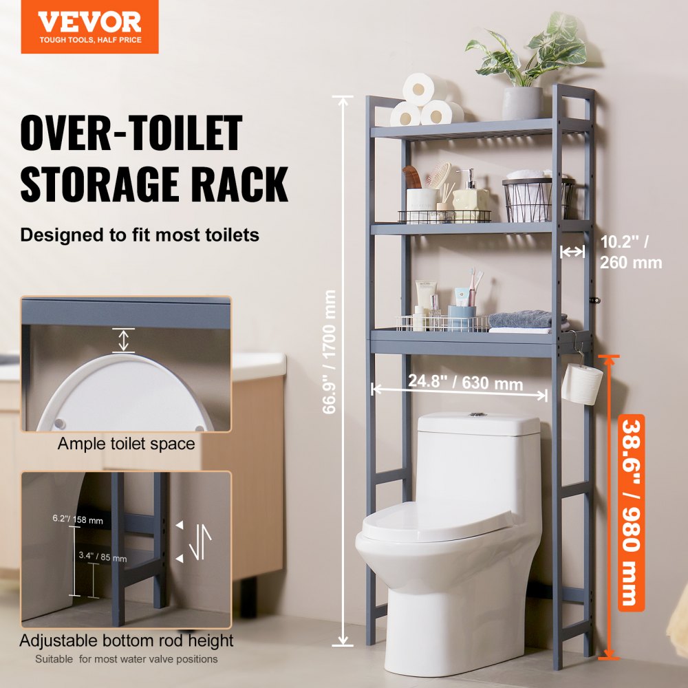 VEVOR Over the Toilet Storage 3-Tier Bathroom Shelf Rack Space Saver ...
