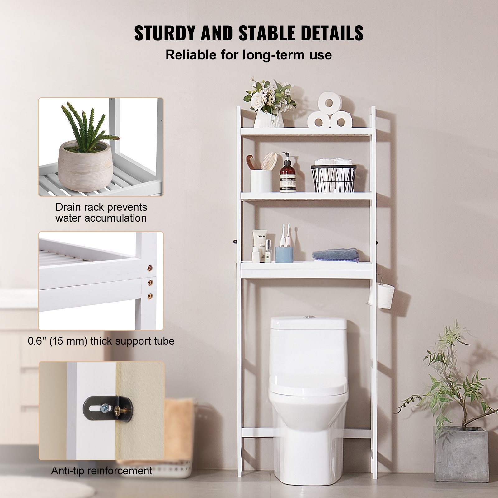 VEVOR Over the Toilet Storage 3-Tier Bathroom Shelf Rack Space Saver ...