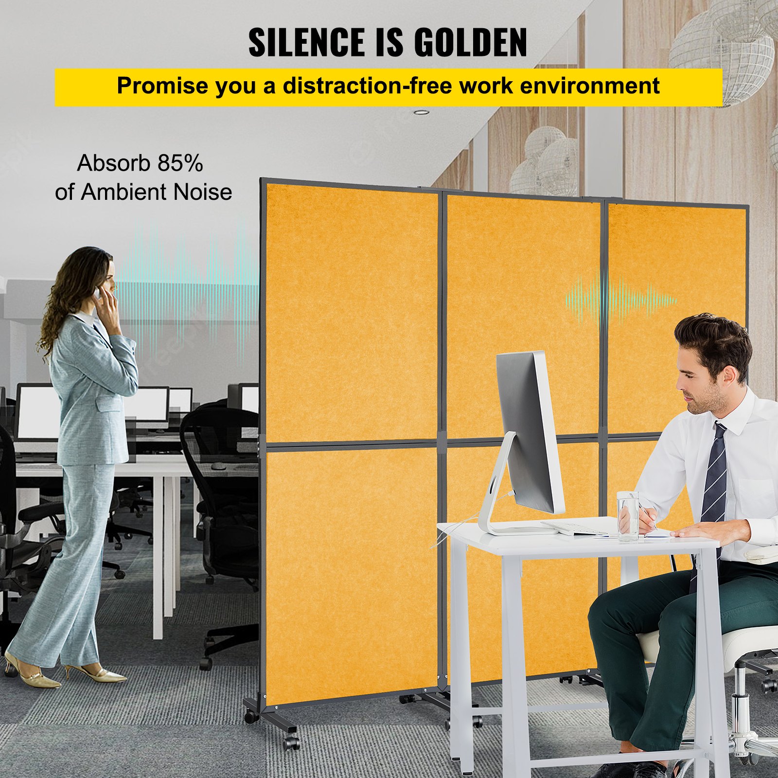 VEVOR Acoustic Room Divider 72"x66" Office Partition Panel 3 Pack Office Divider Wall Orange
