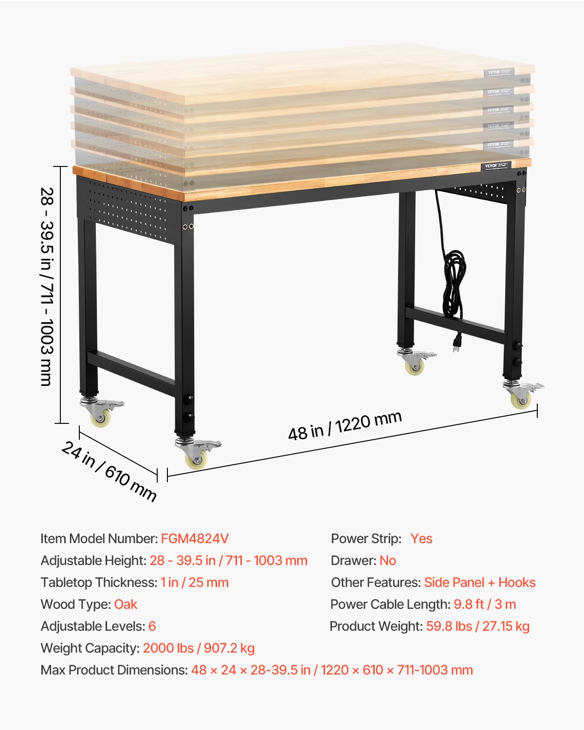 Top Loading Bench VEVOR 48-Inch Adjustable Workbench, 2000 lbs Load, Work Bench with ...