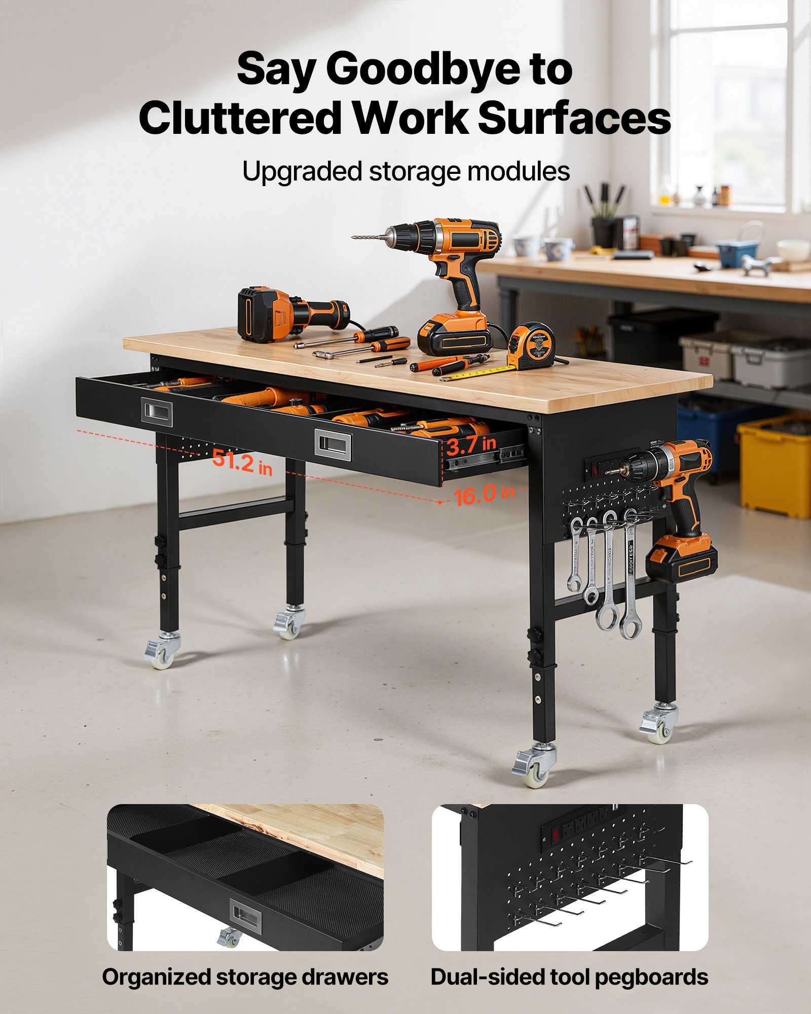 VEVOR 60-inch Adjustable Workbench, 1500 lbs Load Capacity, Garage ...