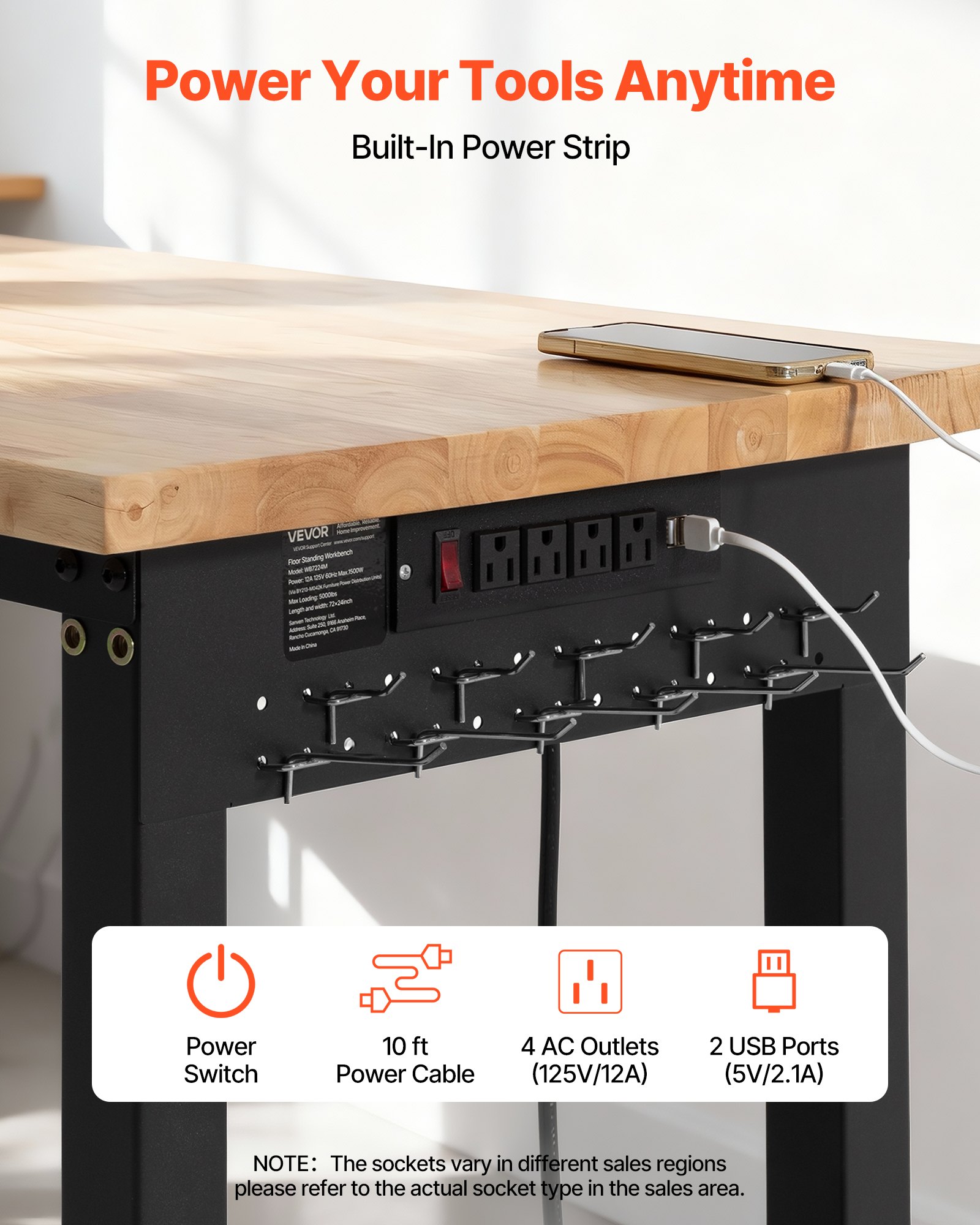 VEVOR 72 Inch Adjustable Height Workbench – 5000 LBS, 4 AC