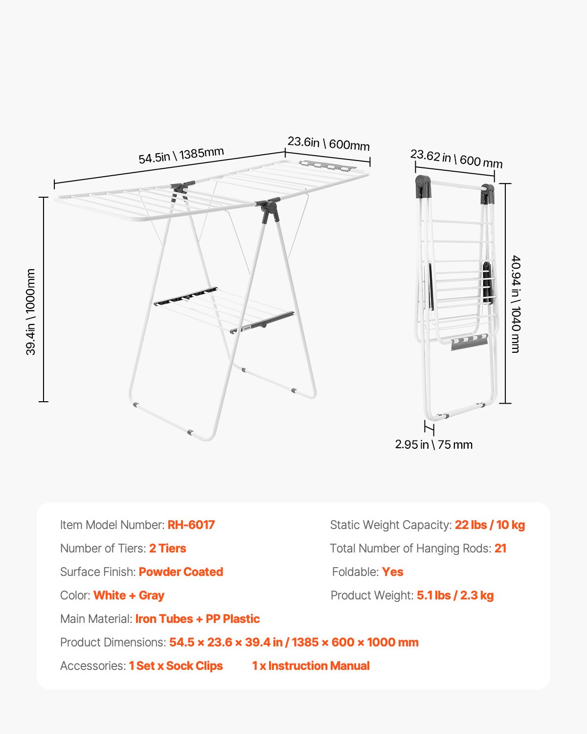 VEVOR Metal Clothing Drying Rack – 2-Tier, 44.5