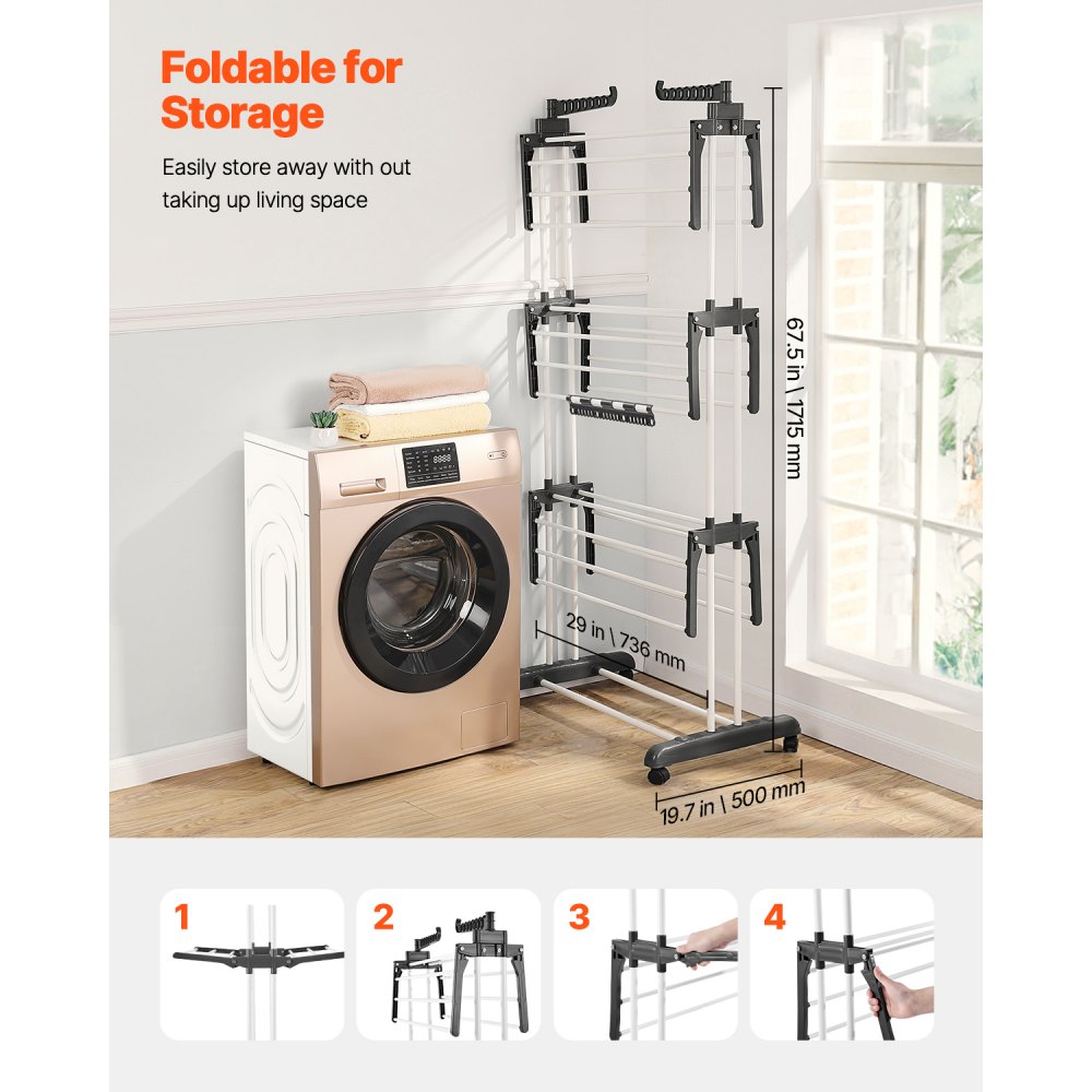 Drying Rack Rod VEVOR Floor Standing Drying Rack – 4-Tier, 24 Rods & 7 Hooks