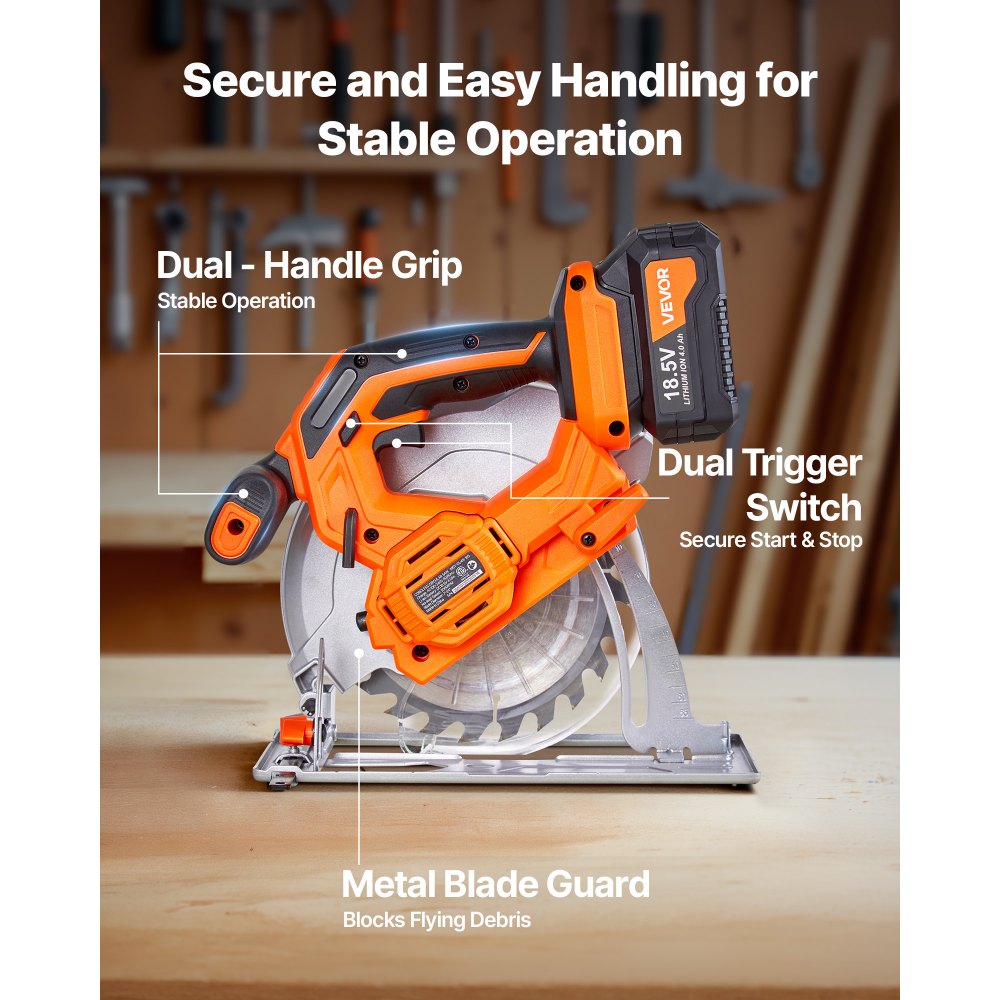 VEVOR Cordless Circular Saw, 7-1/4 inch Blade, 5000 RPM Speed, 0-45 ...