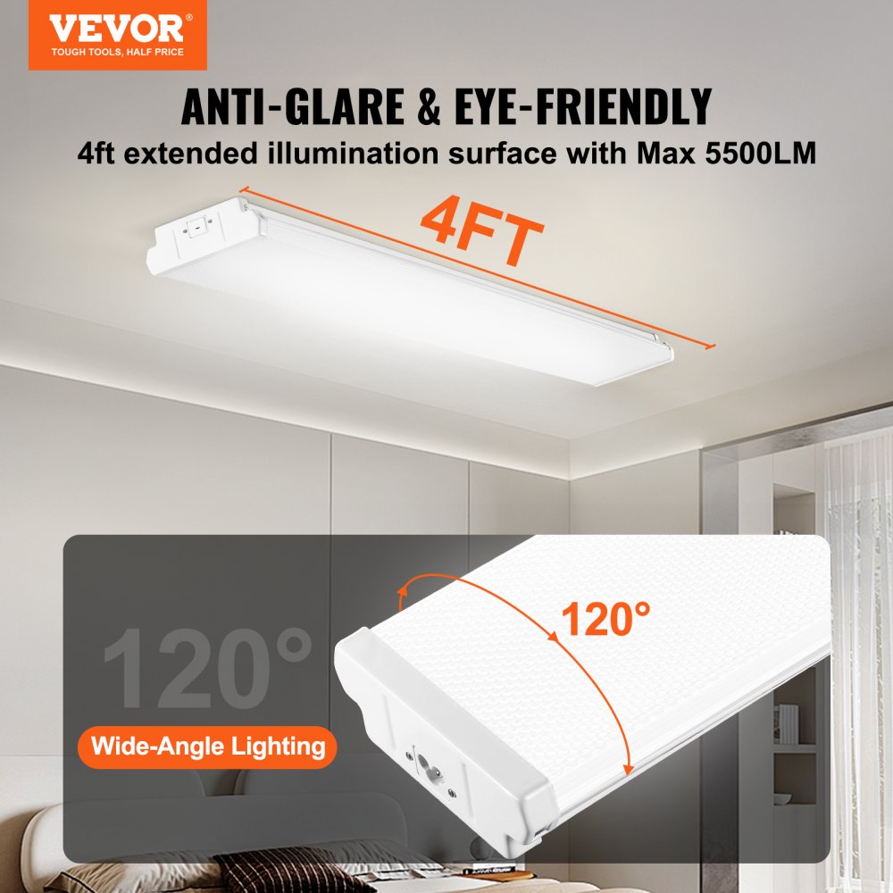 VEVOR 4FT LED Wraparound Light, 50W, 5500LM Flush Mount LED Shop Light ...