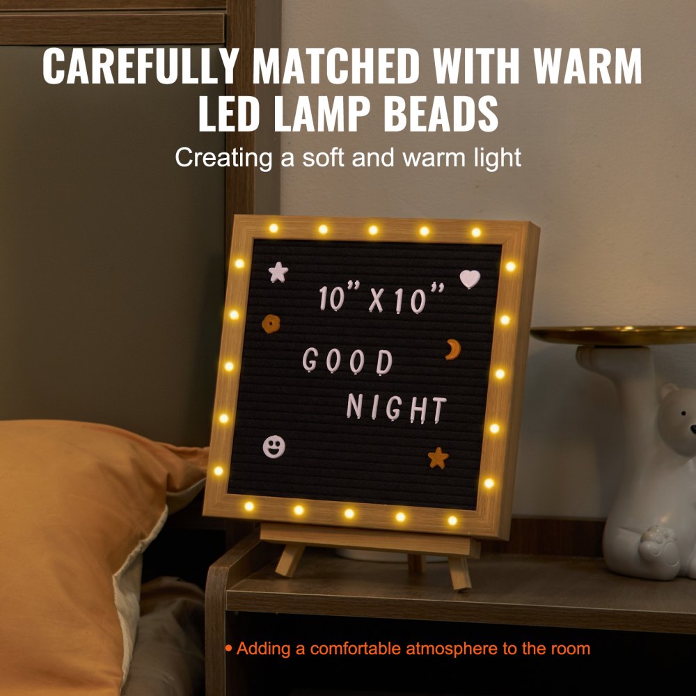Black Felt Letter Board With Stand And LED Lights 10x10in