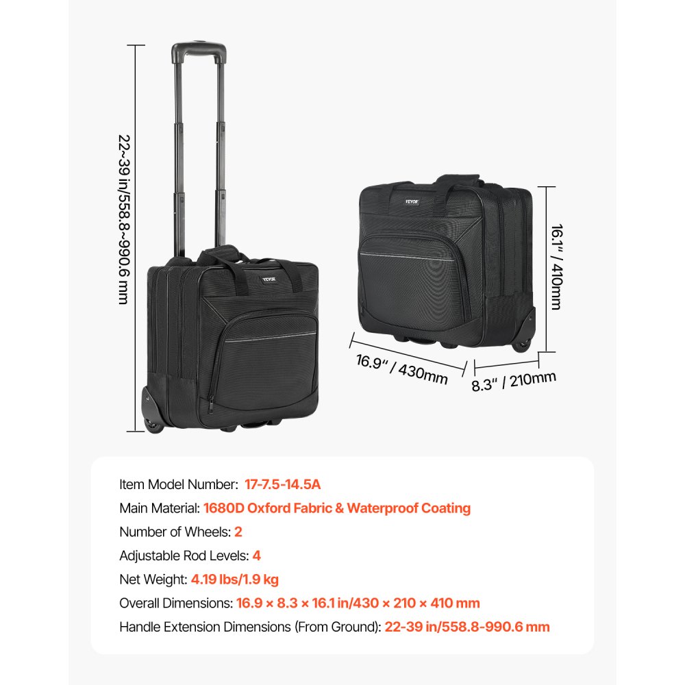 VEVOR Rolling Laptop Bag, Fits Up to 15.6 Inch Laptop, Wheeled ...