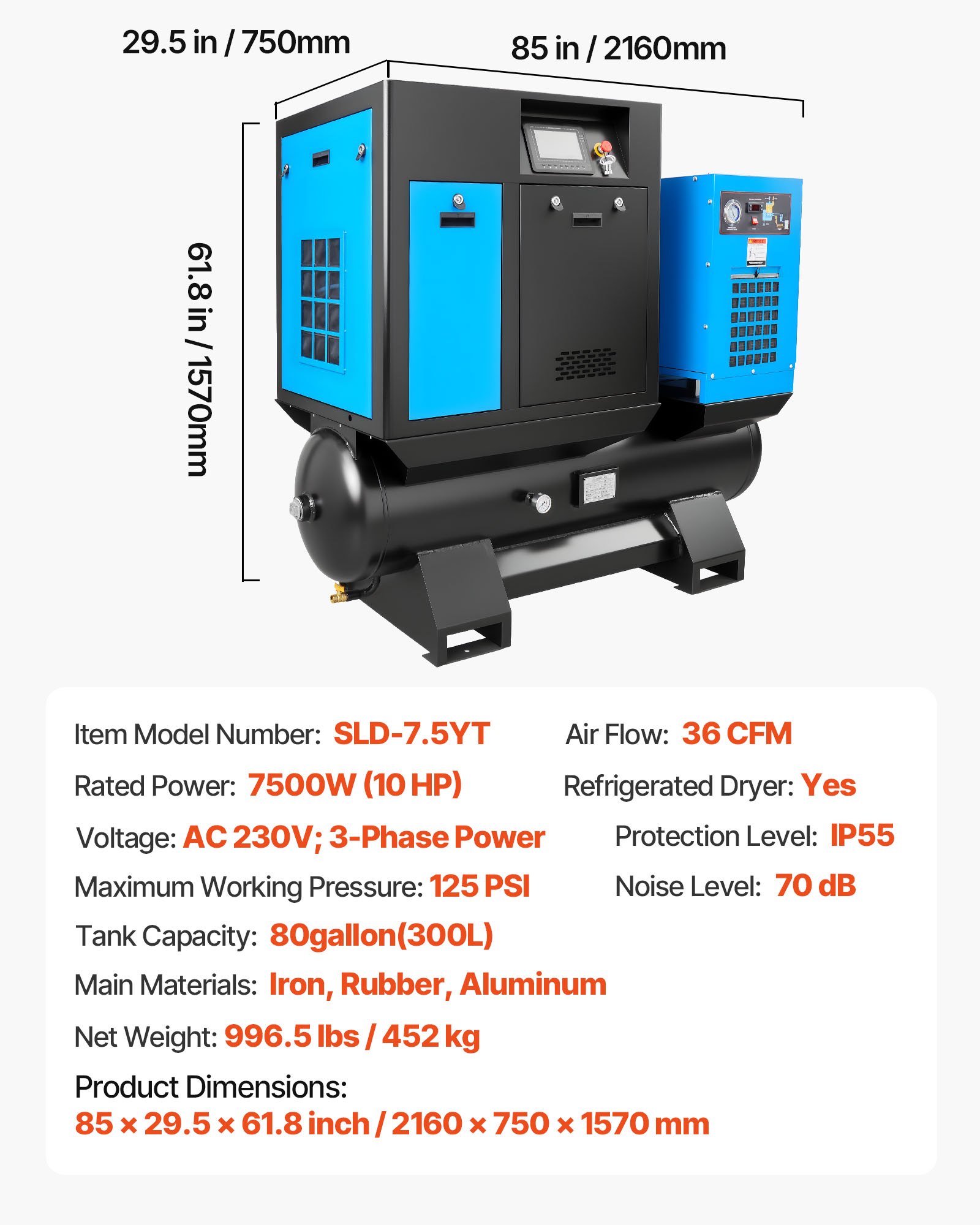 VEVOR Rotary Screw Air Compressor, 10HP 36CFM Air Compressor with 80 ...