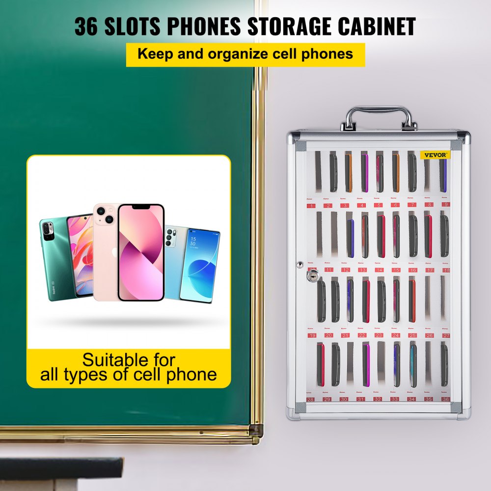 VEVOR 36 Slots Cell Phone Cabinet Silver Aluminum Alloy Pocket Chart  Storage Locker Box with Portable Handle, Key Lock & Handwritten Tags, Wall 