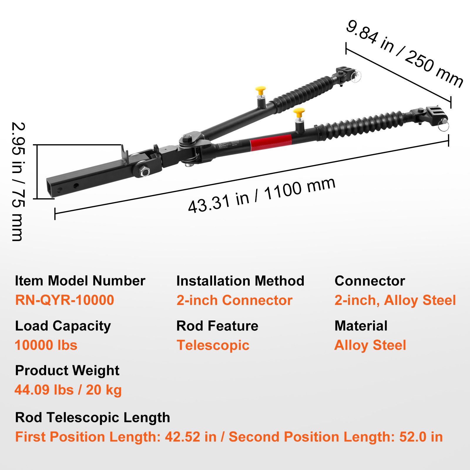 Rod Ad Rope Csr Rout VEVOR Tow Bar, 10000 lbs Towing Capacity with Ropes, Powder-Coating ...