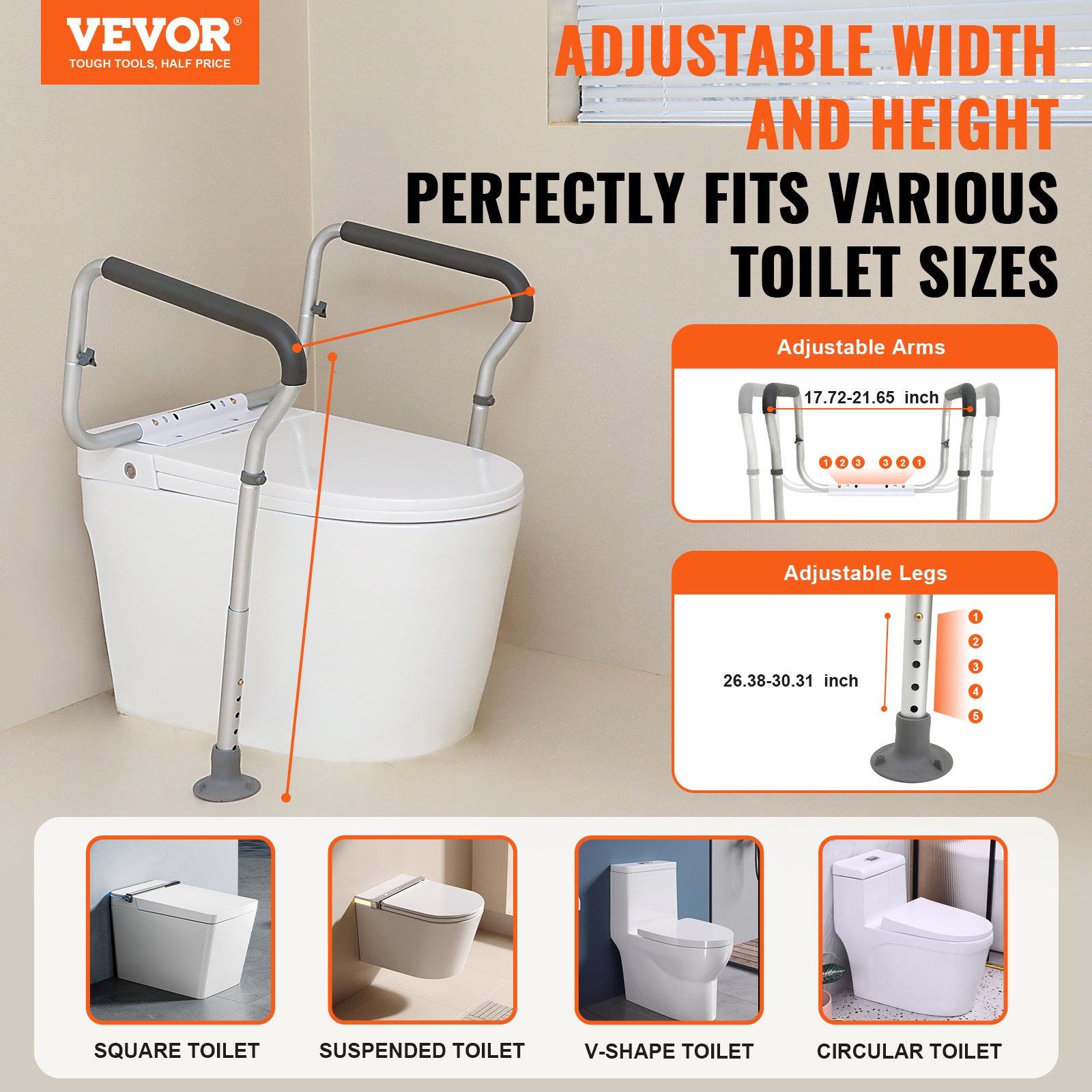 VEVOR Toilet Safety Rail, Bathroom Toilet Seat Frame, Adjustable Width ...