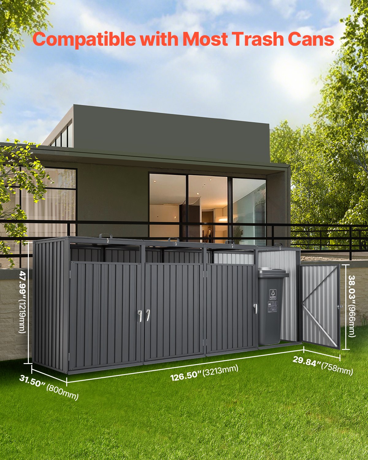 VEVOR Trash Can Storage, 4 x 52.79 Gal Trash Bin Storage Shed Outdoor ...