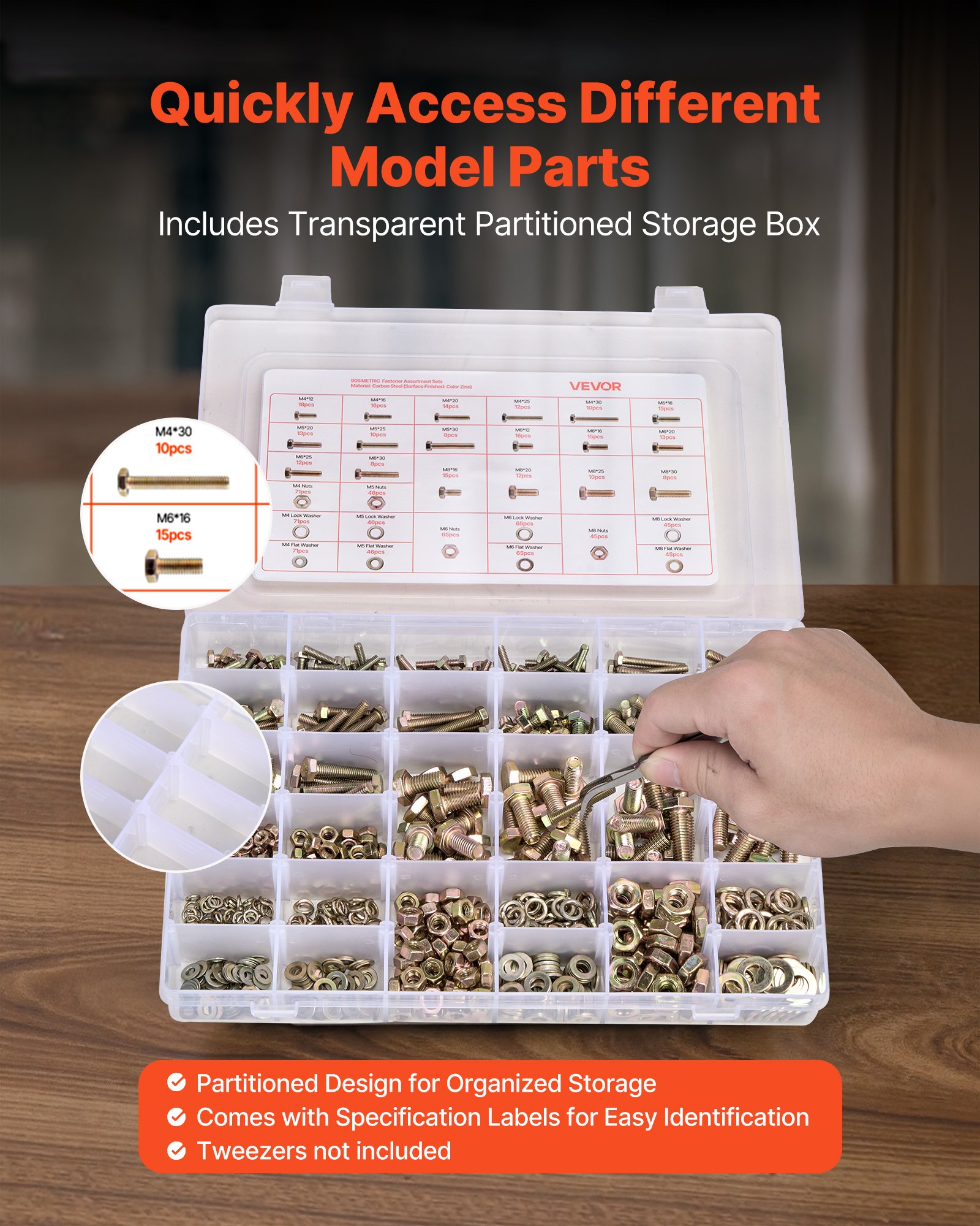 VEVOR Assorted Nuts and Bolts Kit – 906-Piece, Grade 8.8