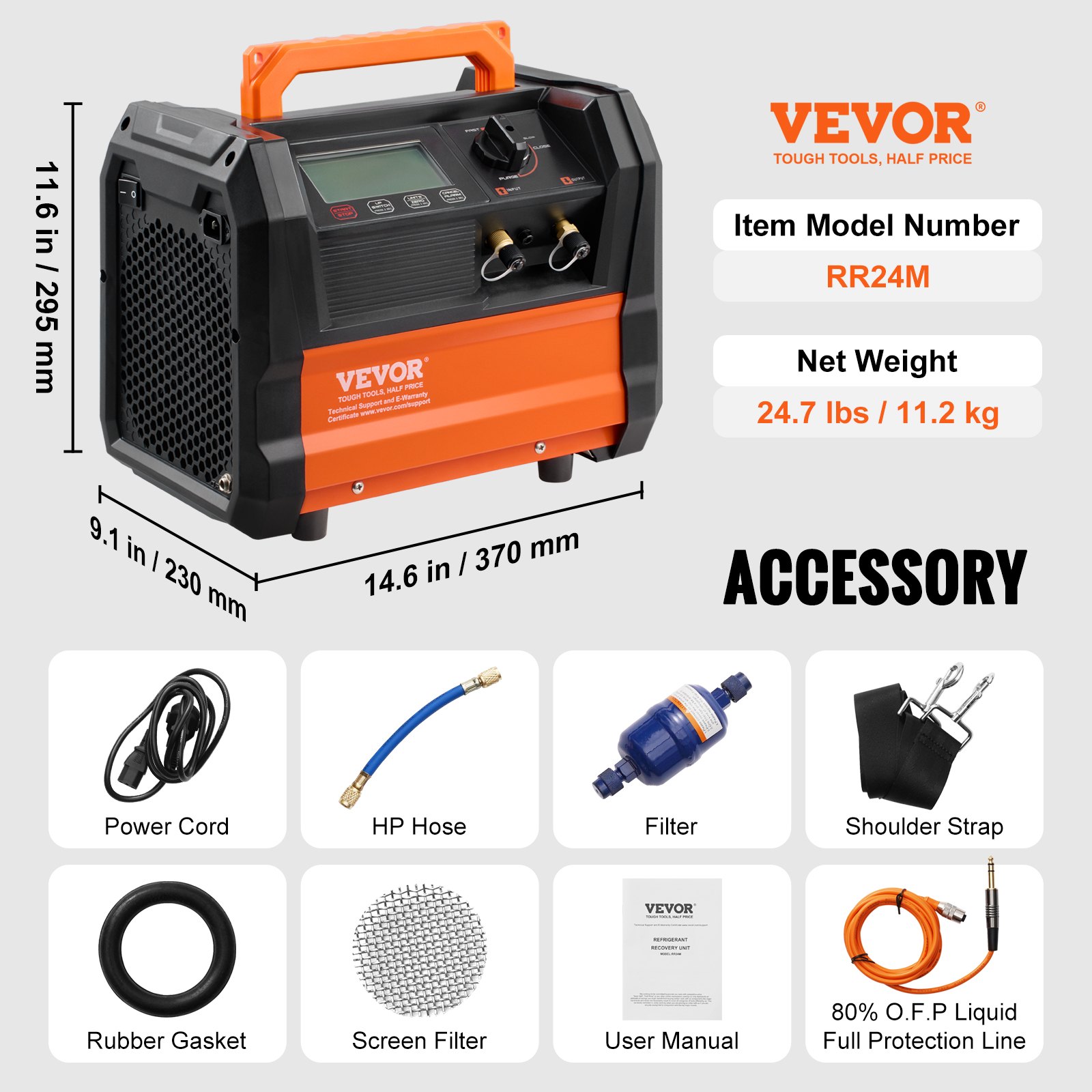 VEVOR Refrigerant Recovery Machine, 1 HP Dual Cylinder Portable AC ...