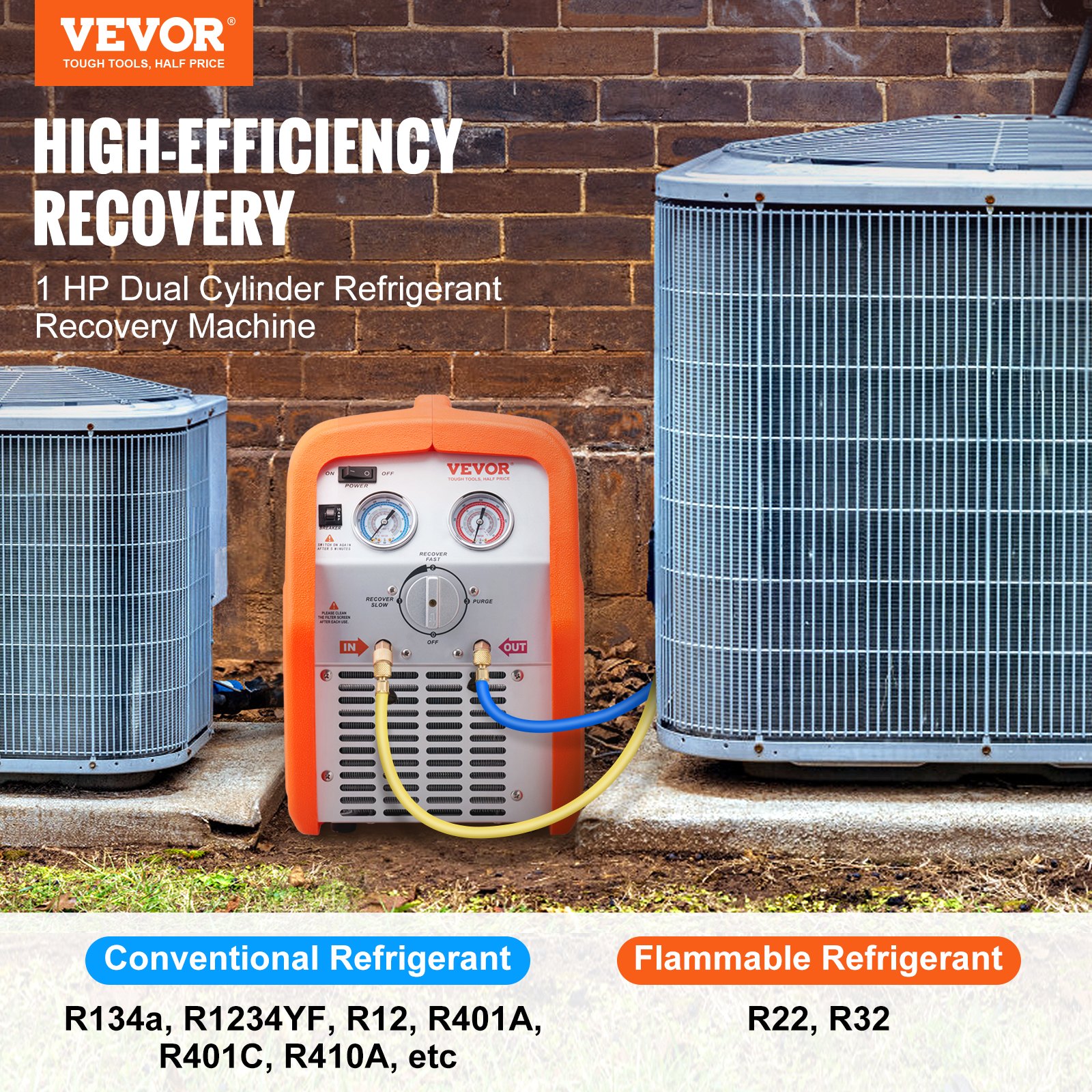 VEVOR 1 HP Refrigerant Recovery Machine - Dual Cylinder Portable AC ...