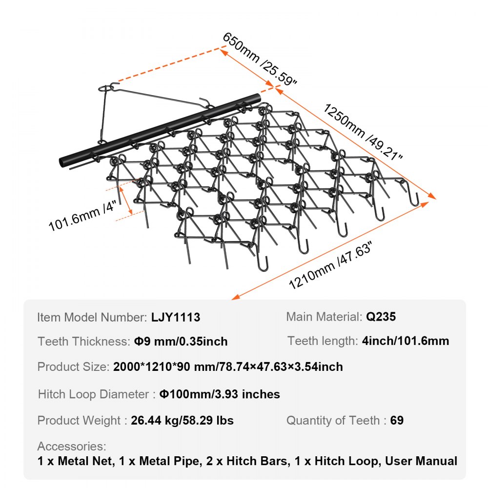 VEVOR Drag Harrow, 4'x4' HeavyDuty Chain Harrow with 69 Teeth, ATV UTV