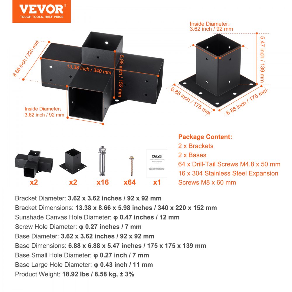 VEVOR Pergola Bracket Kit 4''x4'', 4pcs 4-Way Heavy Duty Corner Bracket ...