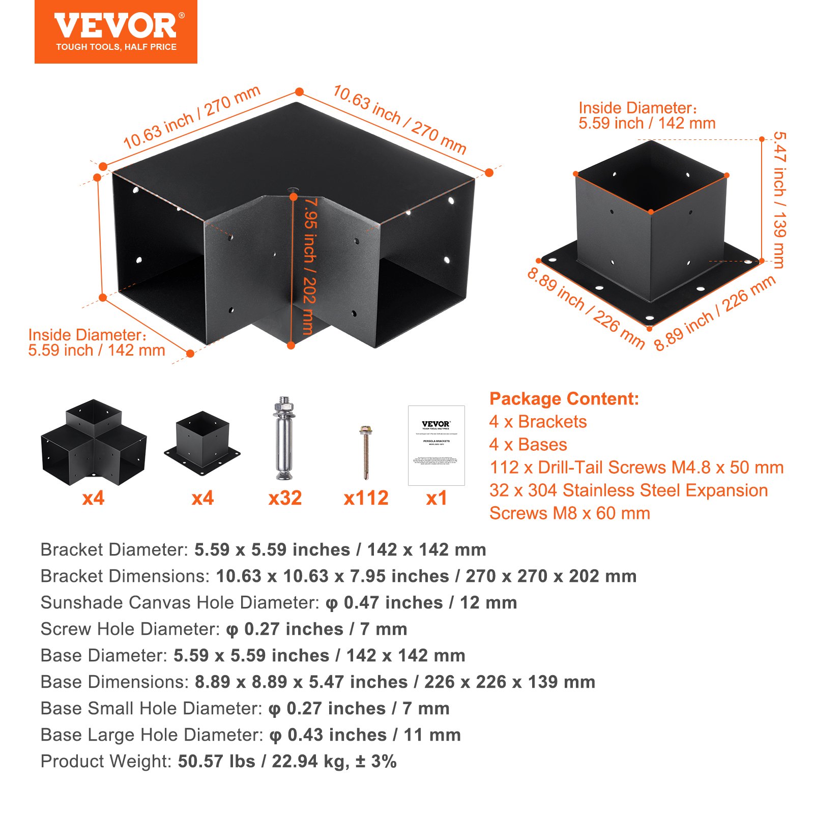 VEVOR Pergola Bracket Kit 6''x6'', 8pcs 3-Way Heavy Duty Corner Bracket ...