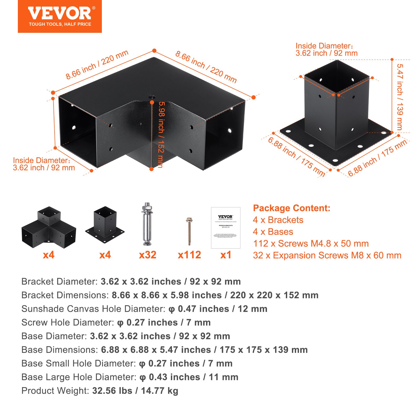 VEVOR Pergola Bracket Kit 4''x4'', 8pcs 3-Way Heavy Duty Corner Bracket ...